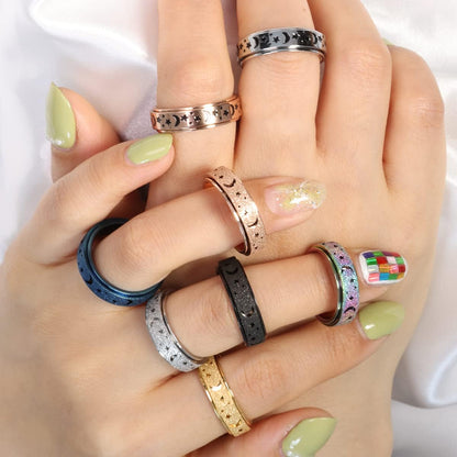 Anxiety Ring for Women Men, Titanium Stainless Steel Spinner Ring, 5 Colors, 6MM, Size 6-10, 3 Styles Anxiety Ring-Moon Star, Sandblasted Finished, Hollow Outer