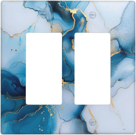 Decorative Outlet Covers Modern Abstract Blue Gold Line Marble 2 Gang Wall Plate Double Rocker Two Switch Wall Cover Plate Light Switch Cover Plate Faceplate for Bedroom Home Decor
