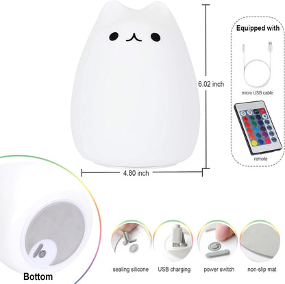 Cat Lamp, Cute Kitty Night Light with Remote Control, Christmas Gifts for Girls Boys Teens, Rechargeable Kids Night Light for Bedroom, Silicone Kawaii Kitty Baby Nursery Nightlight Lamp