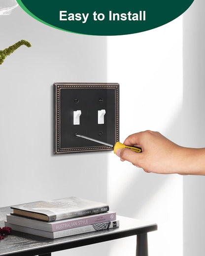 2-Pack Double Toggle Light Switch Cover Plate, Pearls Decorative Dual Switch Plate Covers, Aged Bronze 2 Gang Metal Wall Plate, Corrosion Resistant
