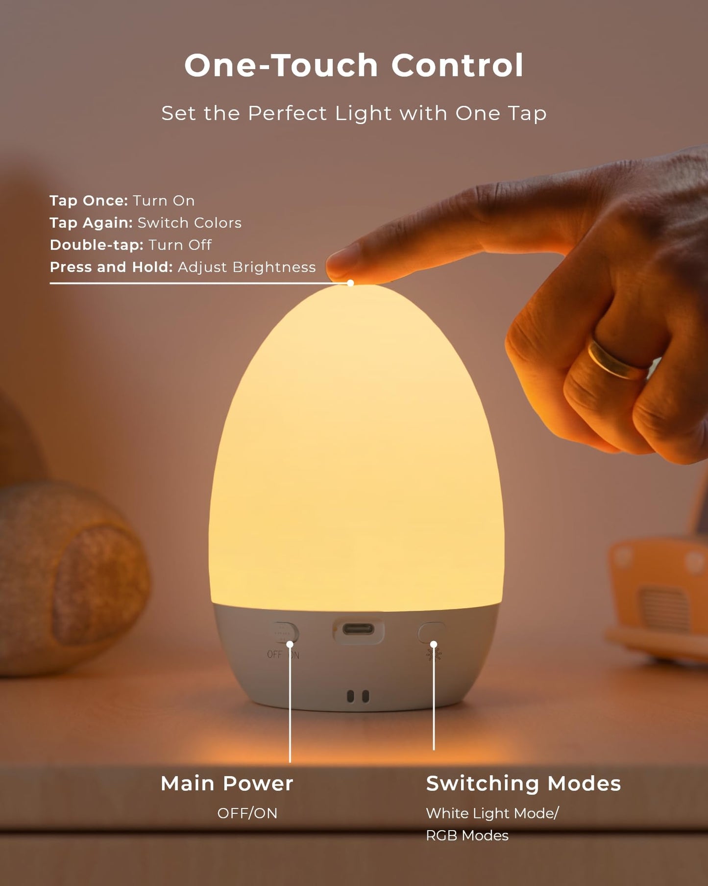 FULNIX Egg Light for Nursery, Eye-Caring Touch Control Rechargeable Baby Night Light with 17 Color