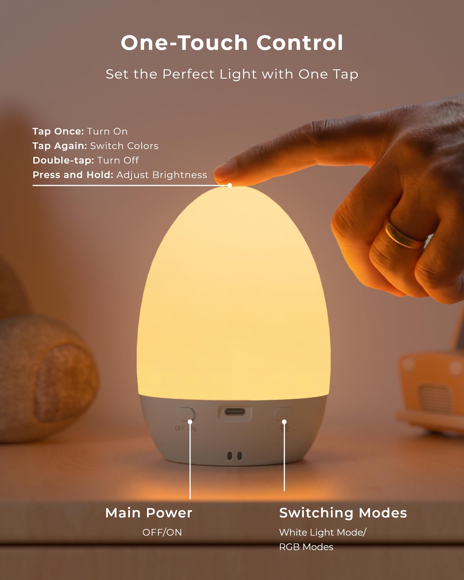 FULNIX Egg Light for Nursery, Eye-Caring Touch Control Rechargeable Baby Night Light with 17 Color