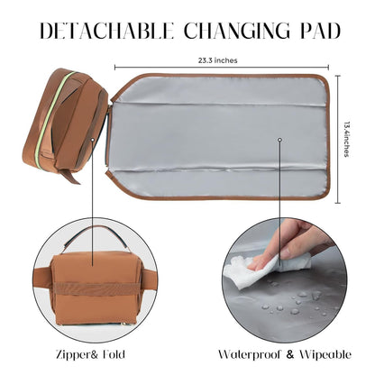 printe Small Diaper Bag with Portable Changing Pad, Crossbody Women Waist Bag with Wipes Pocket for Travel, Stroller Diaper Funny Pack, Brown