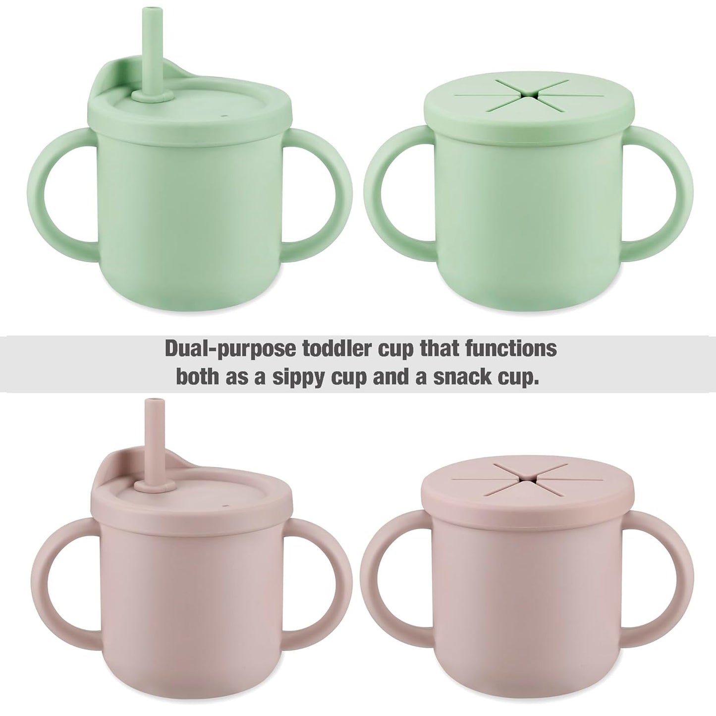 PandaEar 2 Pack Silicone Baby Straw & Snack Cup with 2 Spoons 2 Forks, Dual-Purpose Toddler