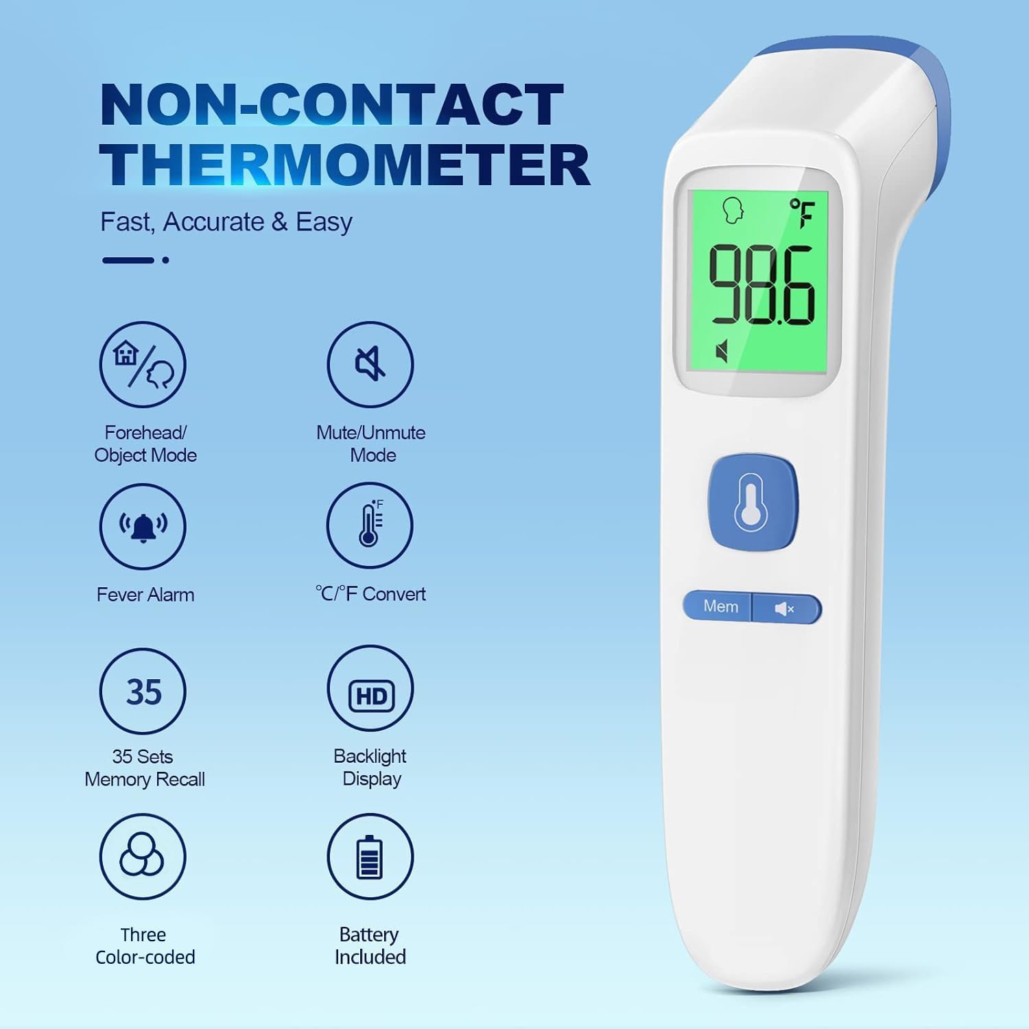 Thermometer for Adults and Kids, Digital Forehead Thermometer with Fever Alarm, Silent Mode &