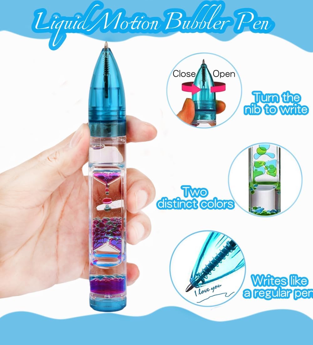 Liquid Motion Bubbler Sensory Toys Calm Stress Relief Liquid Motion Bubbler Pen Fidget Pen ADHD Anxiety Autism Toy Desk Decor Bubble Timers for Kids and Adults Gifts 3 Pack