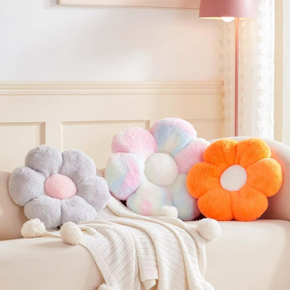 Rainbow Pink Flower Pillow, Cute Decorative Flower Shaped Throw Pillow with Faux Rabbit Fur, 14.9" Soft Flower Plush Throw Pillow Floor Pillows Room Décor for Bedroom Living Room