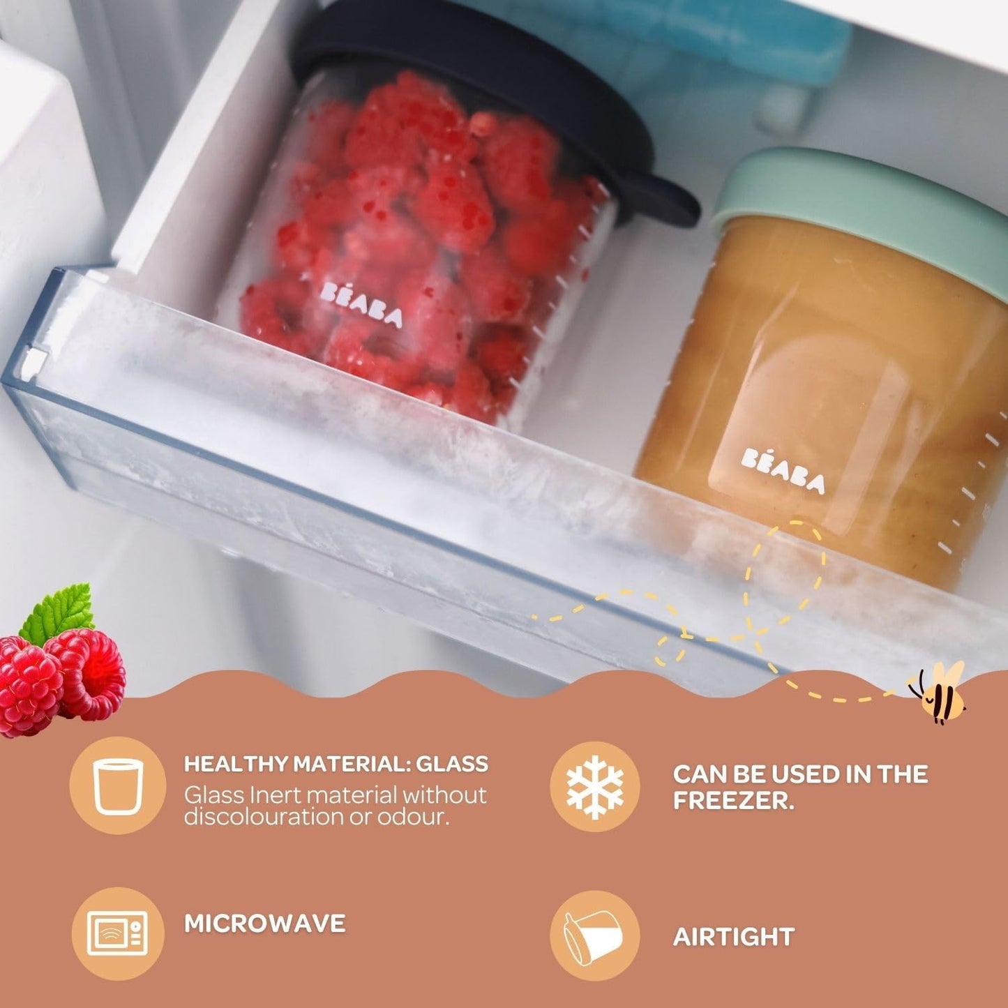 BEABA 2 Pack Glass Baby Food Jars with Soft Silicone Air Tight Lids, 8 oz Glass Storage Containers