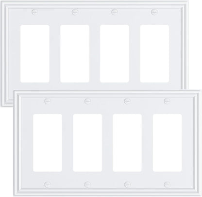 2-Pack Quad Decorator Outlet Cover Plate, Zinc Alloy Decorative Pure White Switch Plates and Outlet Covers, 4 Gang Wall Plates for Electrical Outlets, Receptacle, GFCI Outlet, Dimmer Switch
