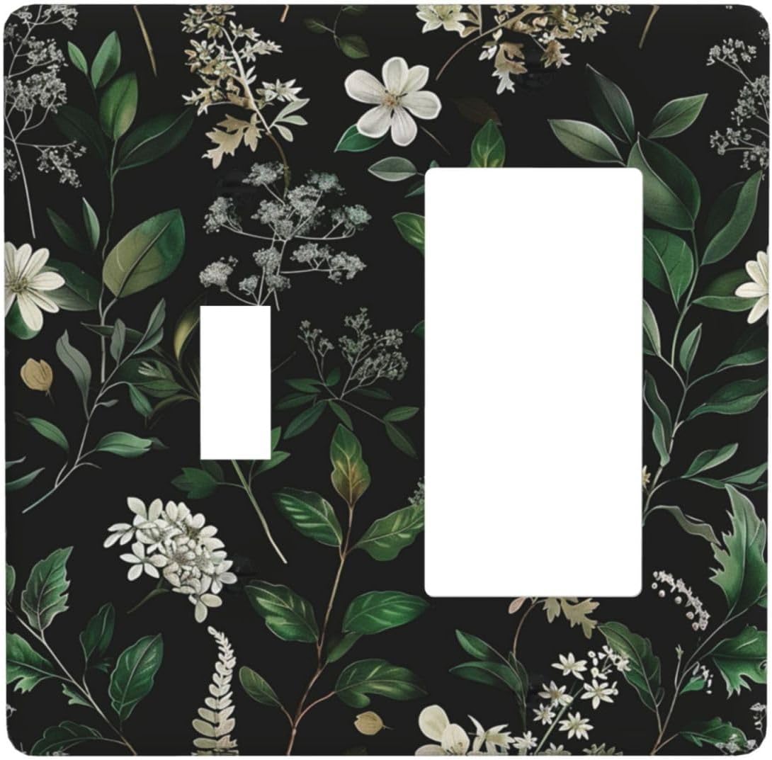 Decorative Outlet Covers Rustic Green Leaves White Flower 2 Gang 1 Gang Wall Plate Cover Single Toggle Rocker Combo Light Switch Cover Plate Face Plate for Country Bedroom Home Decor