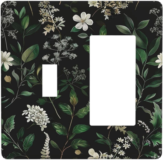 Decorative Outlet Covers Rustic Green Leaves White Flower 2 Gang 1 Gang Wall Plate Cover Single Toggle Rocker Combo Light Switch Cover Plate Face Plate for Country Bedroom Home Decor