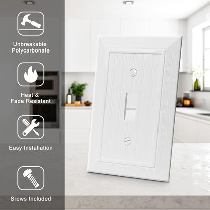Modern Decorative Wall Plate Switch Plate Outlet Cover, Vintage Retro Wood Grain Design(Single Toggle-4 Pack, White)