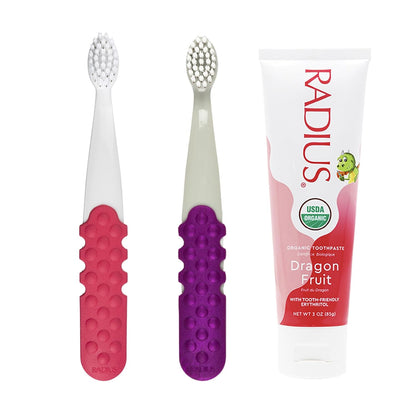RADIUS Toddler Toothbrush & Toothpaste Bundle for Kids, 2 Pack Totz Plus Silky Soft Brush in