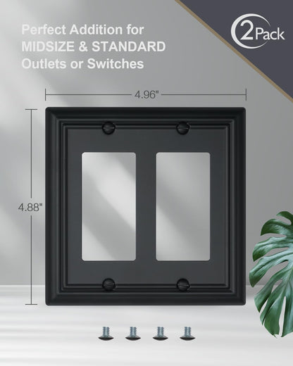 2-Pack Double Decorator Outlet Covers, Decorative Black Wall Plates, Metal Face Plates for Receptacle, GFCI Outlet, Dimmer Switch, 4.96''*4.88'', Midsize