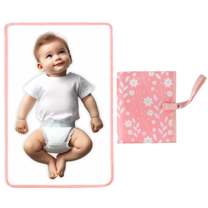 Portable Diaper Changing Pad for Baby - Waterproof Compact Changing Mat with Wrist Strap - Wipeable Travel Changing Pad for Diaper Bag - Gifts for Baby Shower by PHOEBUS BABY(Pink Flowers)