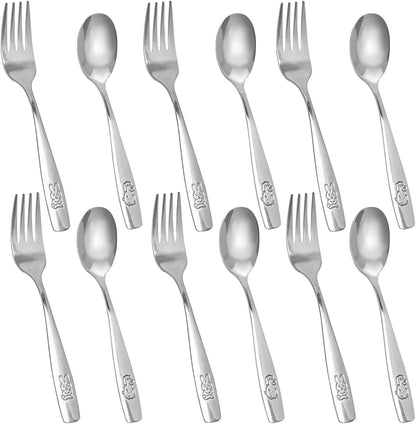 HAKSEN Stainless Steel Toddler Utensils Set, 12PCS Kids Safe Forks and Spoons with Bunny and Puppy Motifs, Mirror Polished & Dishwasher Safe