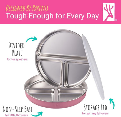Elk and Friends Stainless Steel Divided Plates with Normal Sleeve for Babies & Toddlers | Lids Included Dinner & Snack Plates | 4 Pack