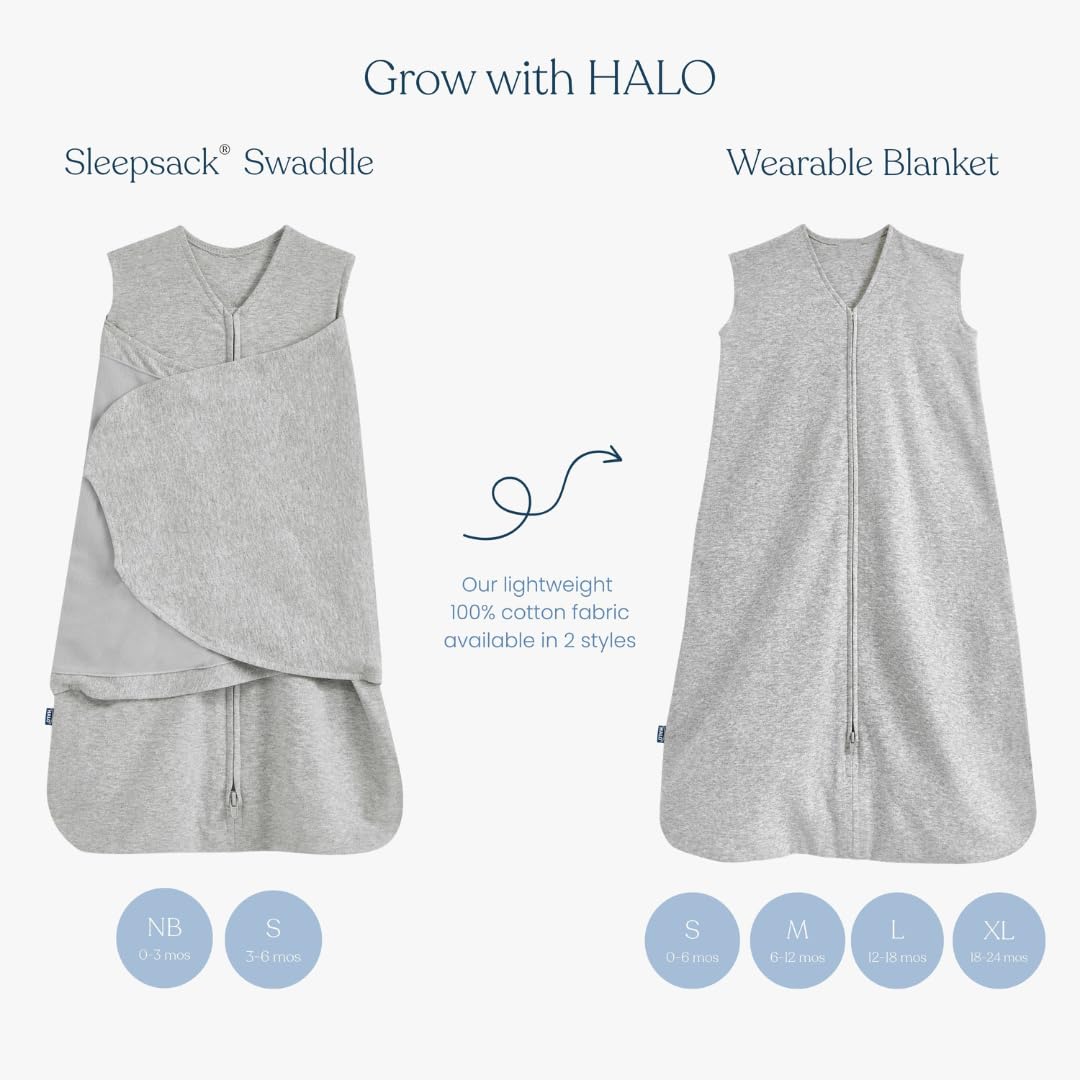 HALO 100% Cotton Sleepsack Swaddle, 3-Way Adjustable Wearable Blanket, TOG 1.5, Baby Blue, Newborn