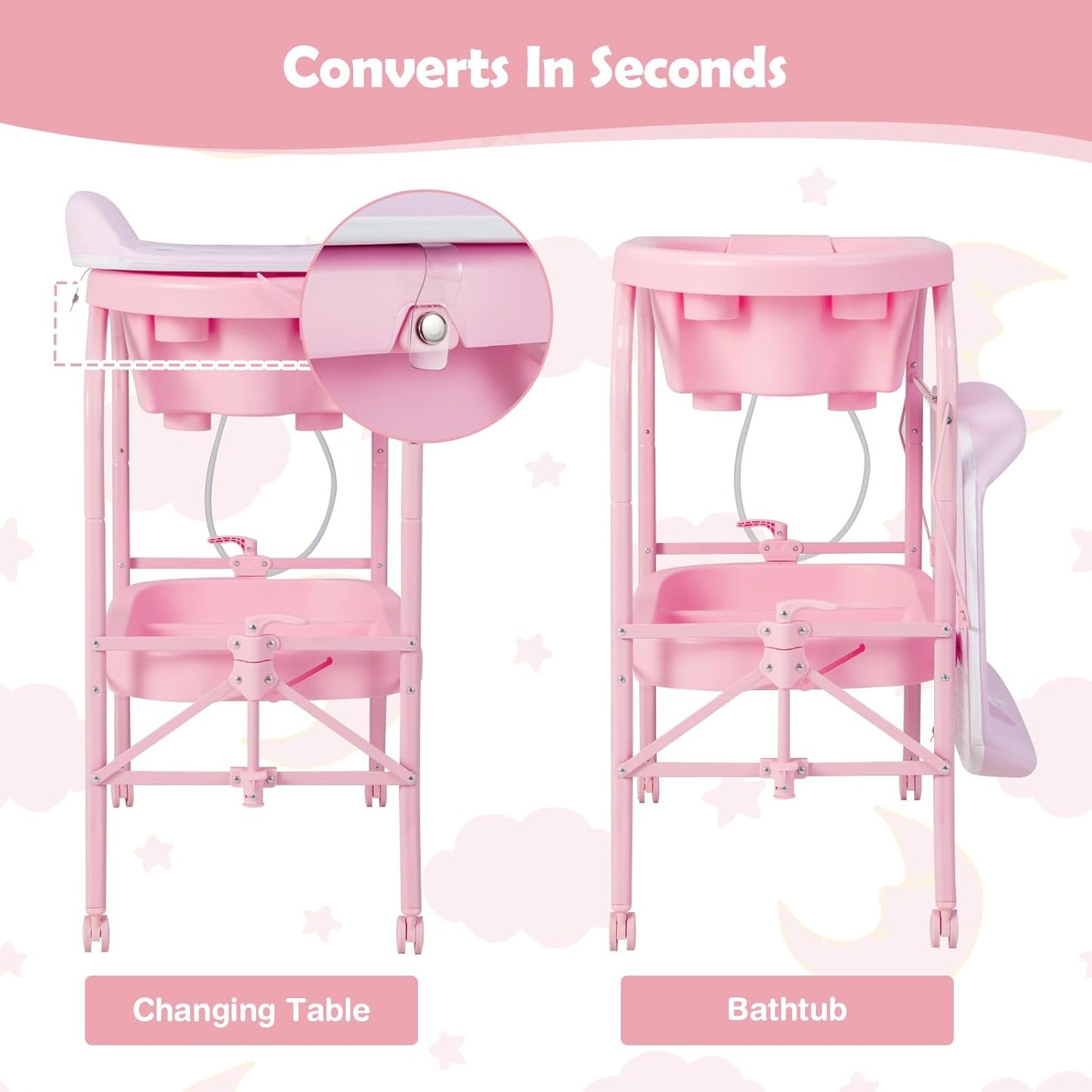 HONEY JOY Baby Changing Table with Bathtub, Foldable Infant Diaper Changing Station with Wheels