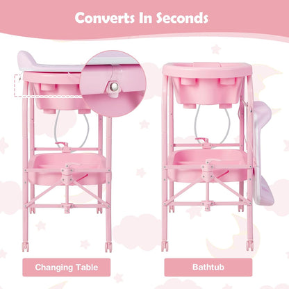 HONEY JOY Baby Changing Table with Bathtub, Foldable Infant Diaper Changing Station with Wheels