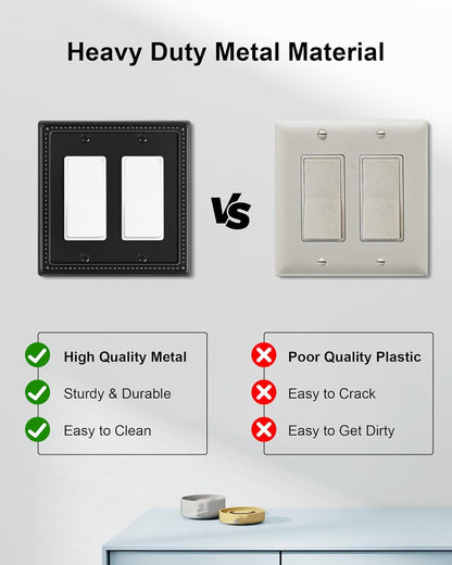2-Pack Triple Toggle Light Switch Cover Plate, Pearls Decorative Switch Plate Covers, Black 3 Gang Metal Wall Plate, Corrosion Resistant