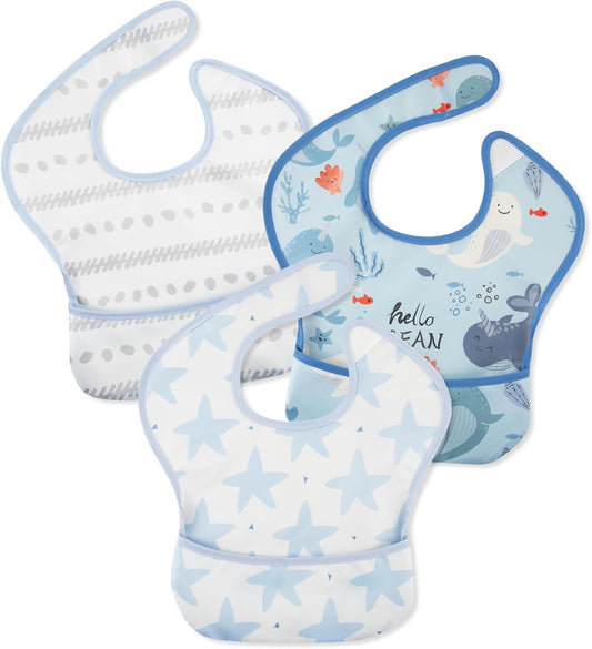 Mess Proof Baby Bib 3 Pack, Waterproof Led Weaning Baby Feeding Bibs with Food Catcher, Travel