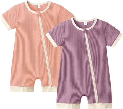 Bafeicao Unisex Baby Boy Girl 2 Pack Rompers Short Sleeve 2 Way Zipper One Piece Jumpsuits Clothes Sets