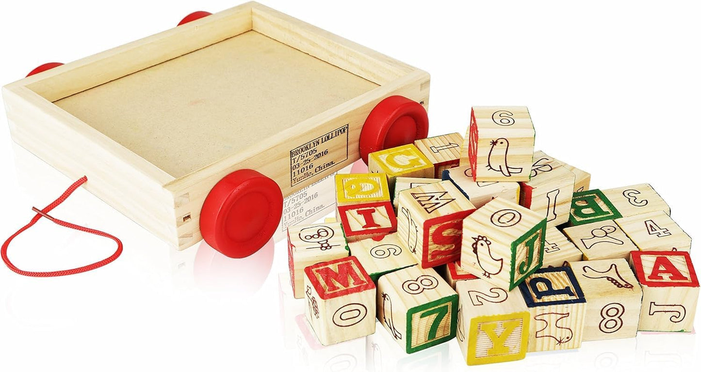 Wooden ABC Blocks with Pull Wagon, 30 Pieces, Educational Alphabet Learning Toy for Toddlers