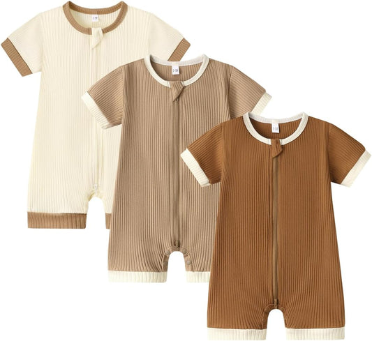 Bafeicao Unisex Baby Boy Girl 2 Pack Rompers Short Sleeve 2 Way Zipper One Piece Jumpsuits Clothes Sets