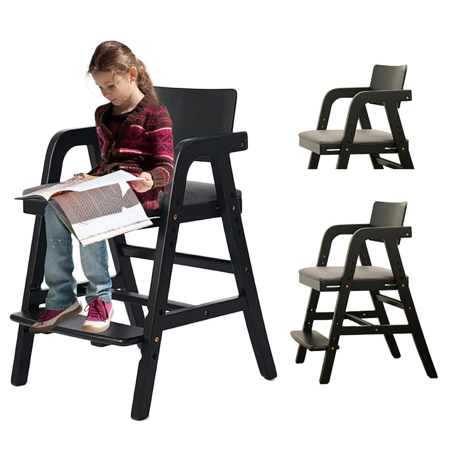 Solid Wood High Chair for Toddlers to Teens, Adjustable Height Toddler Dining Chair, Easy to Clean