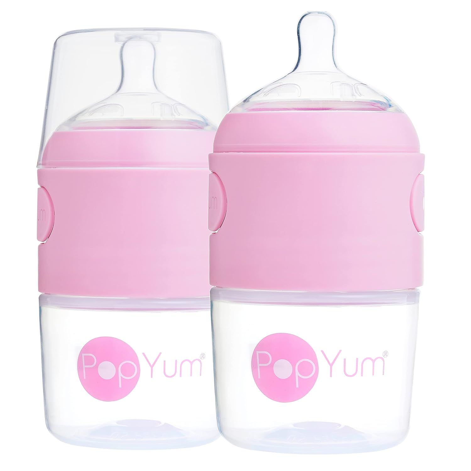 PopYum 5 oz Pink Anti-Colic Formula Making/Mixing/Dispenser Baby Bottles, 2-Pack with #1 Slow Flow