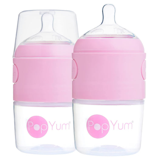 PopYum 5 oz Pink Anti-Colic Formula Making/Mixing/Dispenser Baby Bottles, 2-Pack with #1 Slow Flow