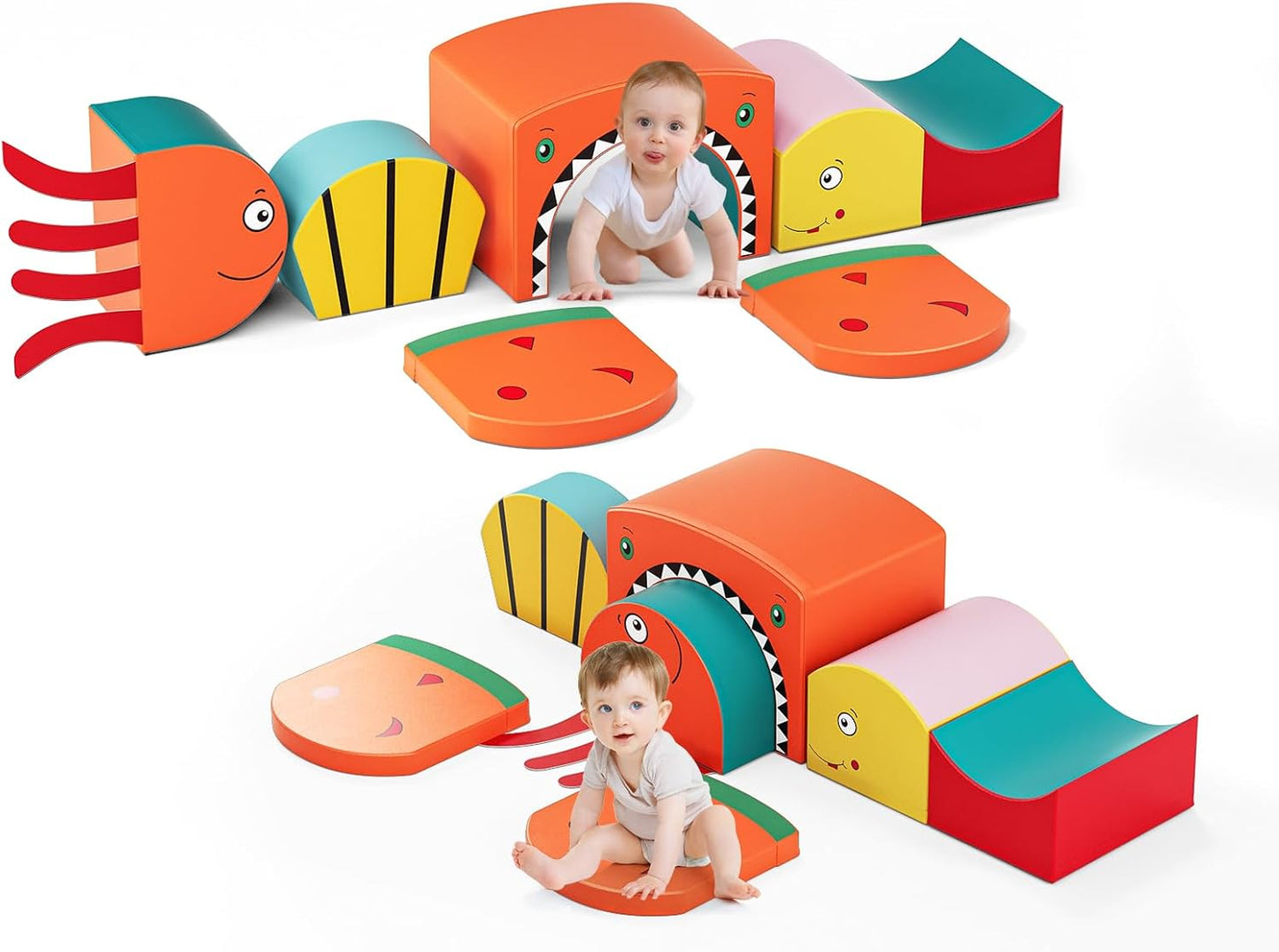 Lischwert Foam Climbing Blocks for Toddlers, Shark Theme Baby Climbing Blocks Soft Play Climbing for Toddlers with Foldable Block and Tunnel Indoor Climbing Toys for Toddler 1-3, 6 Pieces