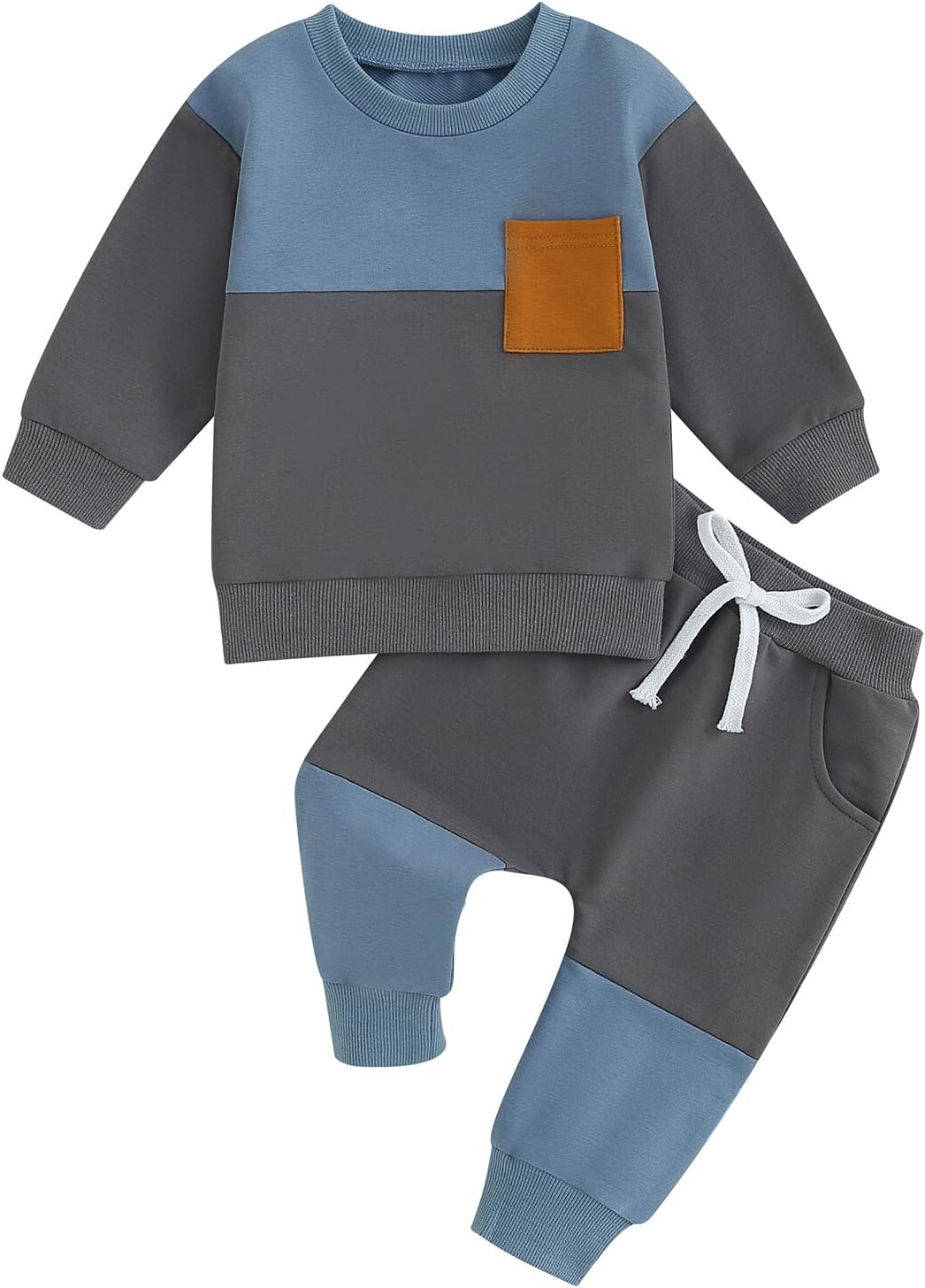 Kupretty Toddler Baby Boy Fall Winter Clothes Color Block Long Sleeve Sweatshirt Pullover Tops + Joggers Pants Outfit Set