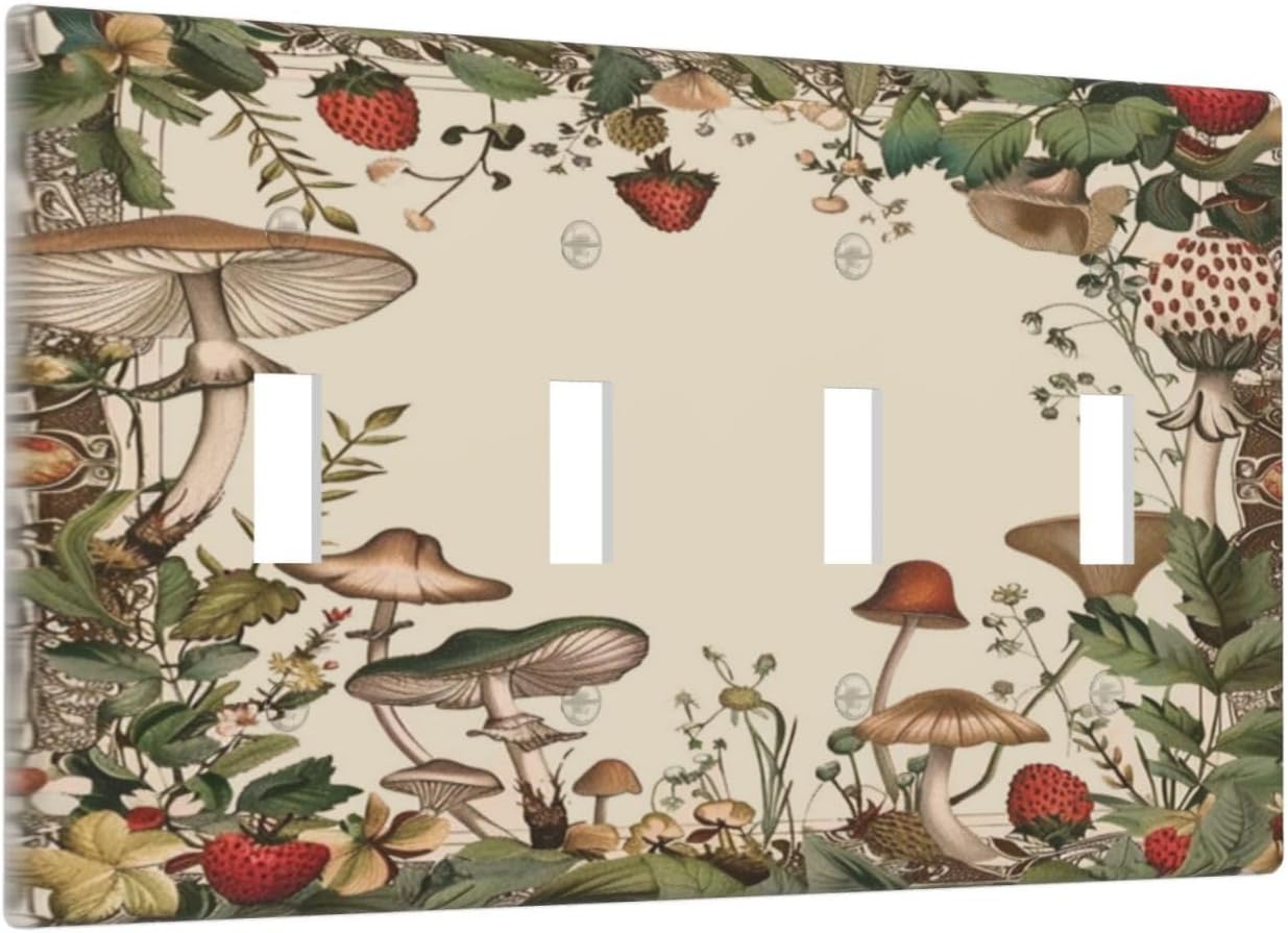 Decorative Switch Covers Plate Rustic Mushroom Garden Red Strawberry 4 Gang Artistic Wall Plate Unique Quad Toggle Light Switch Plate Jumbo Faceplate for Bedroom Home Decor