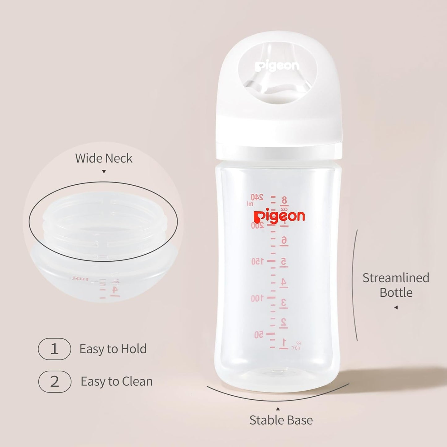 Pigeon PP Nursing Bottle Wide Neck, Anti-Colic, Streamlined Body, Natural Feel, Easy to Clean, 8.1