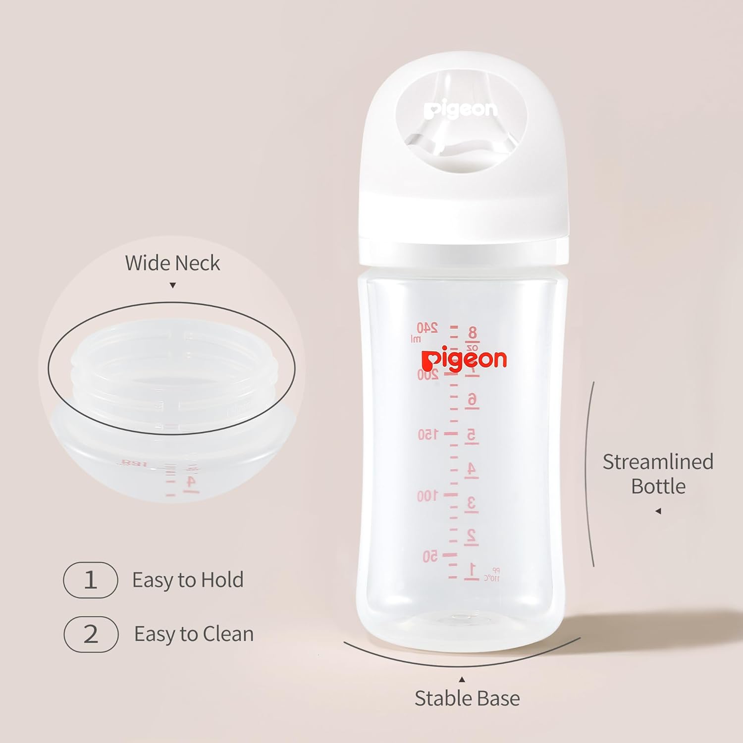 Pigeon PP Nursing Bottle Wide Neck, Anti-Colic, Streamlined Body, Natural Feel, Easy to Clean, 8.1