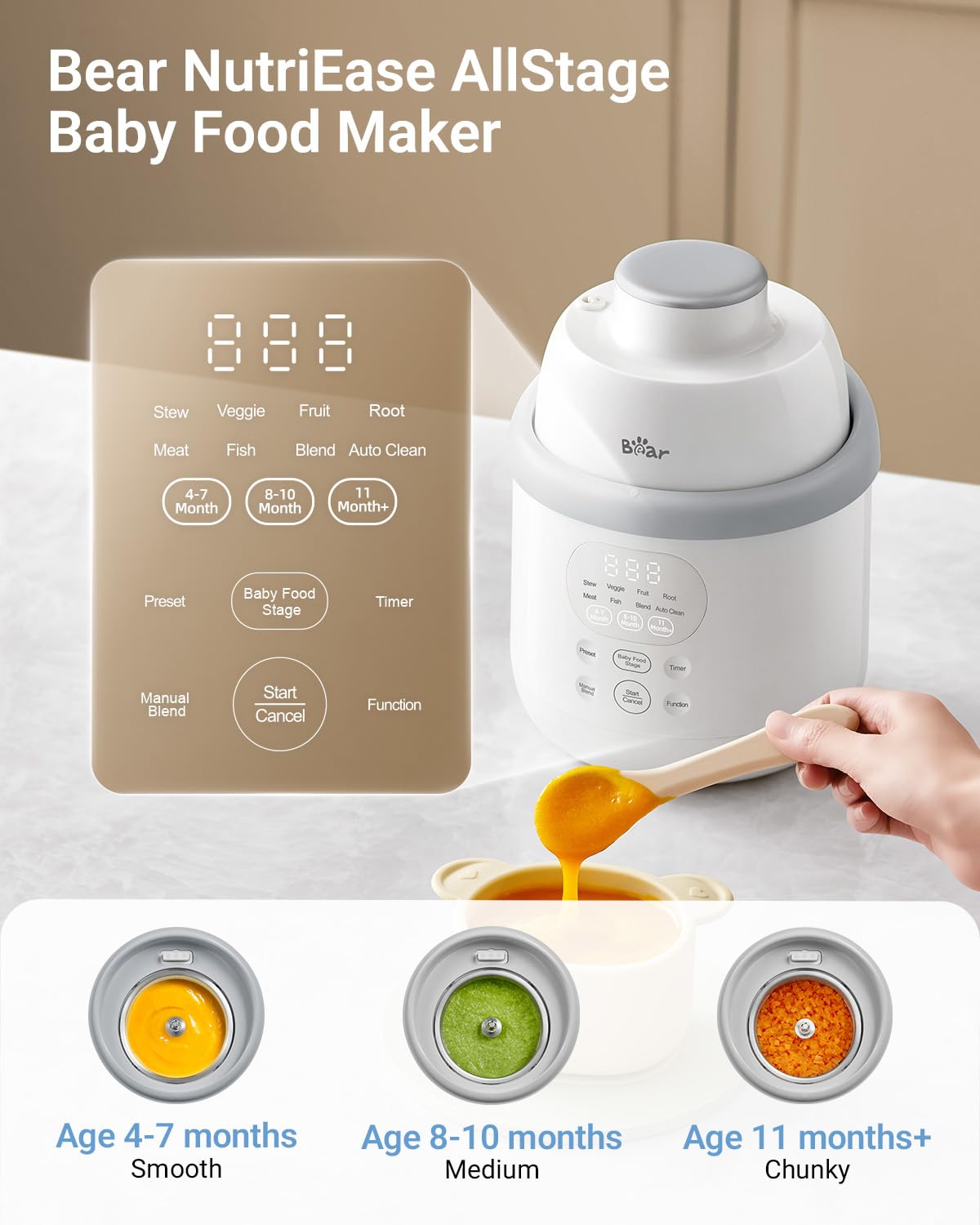 Bear NutriEase AllStage Stainless Steel Baby Food Maker Steamer and Blender