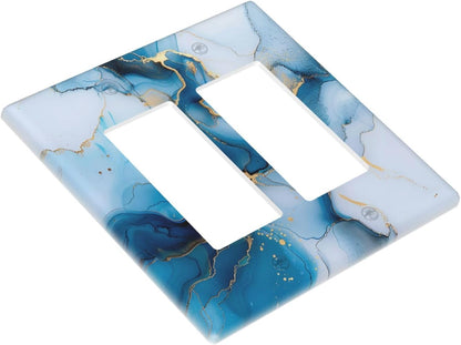 Decorative Outlet Covers Modern Abstract Blue Gold Line Marble 2 Gang Wall Plate Double Rocker Two Switch Wall Cover Plate Light Switch Cover Plate Faceplate for Bedroom Home Decor