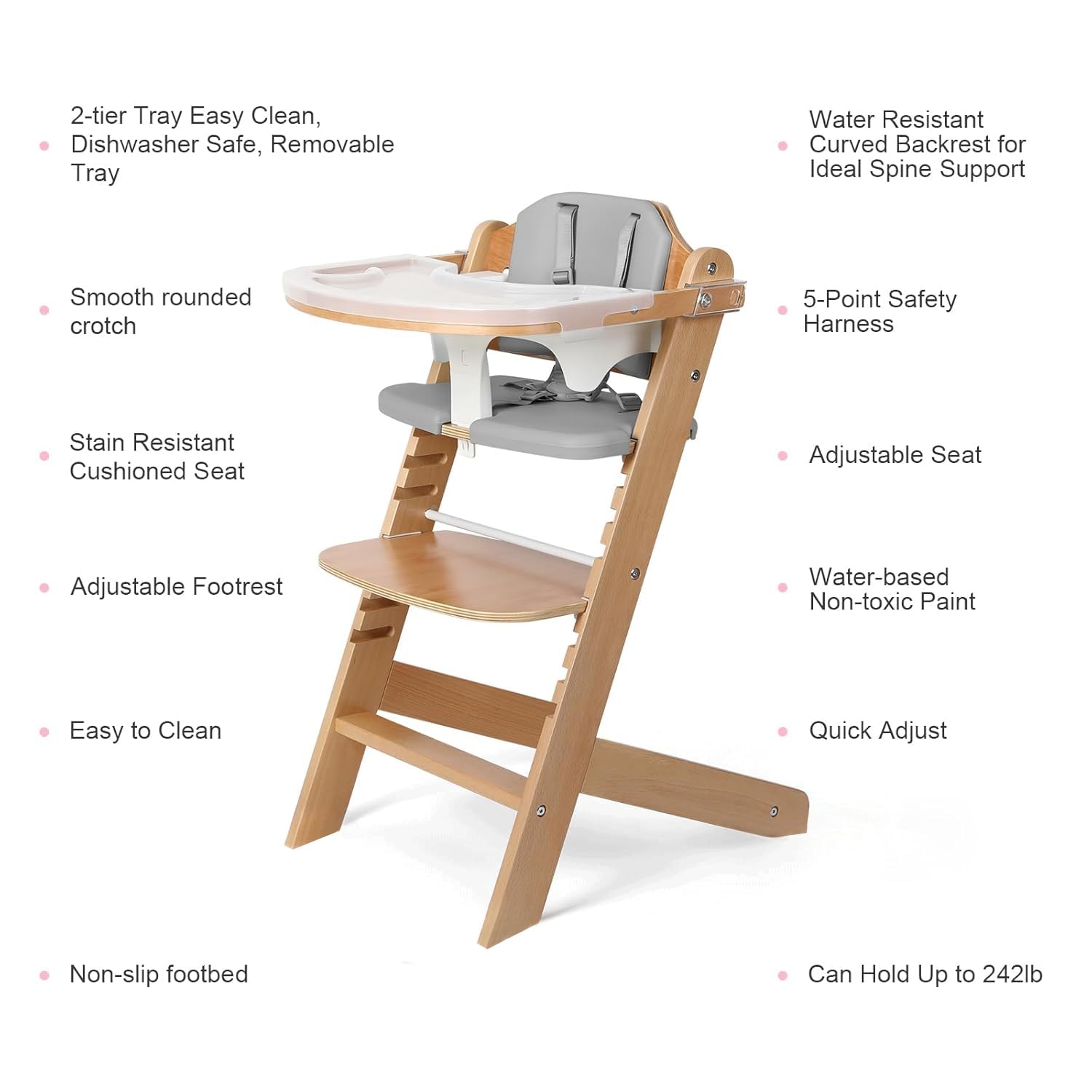 Cowiewie 3-in-1 Convertible Natural Wooden High Chair for Babies & Toddlers 3-Tier Remove & 2