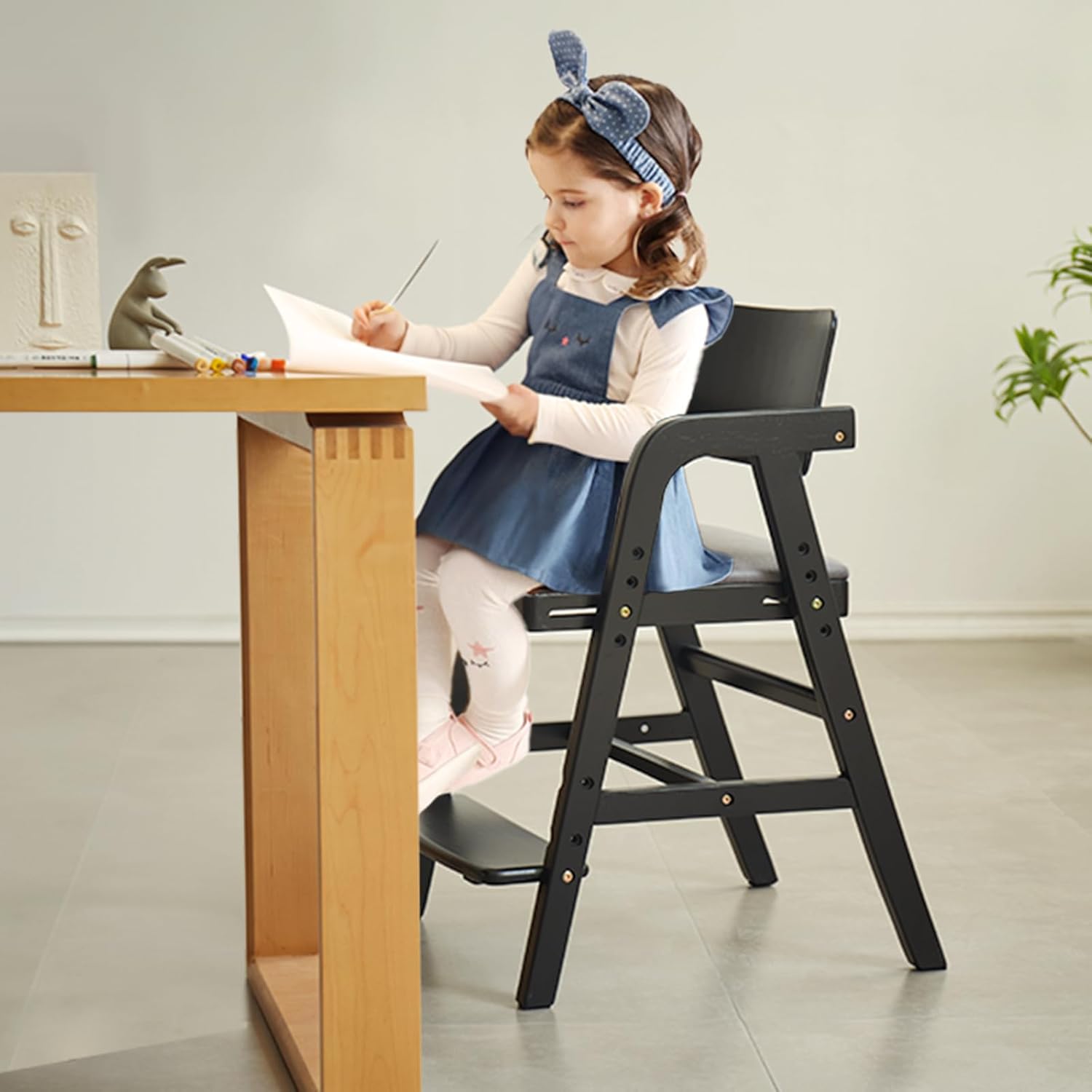 Solid Wood High Chair for Toddlers to Teens, Adjustable Height Toddler Dining Chair, Easy to Clean
