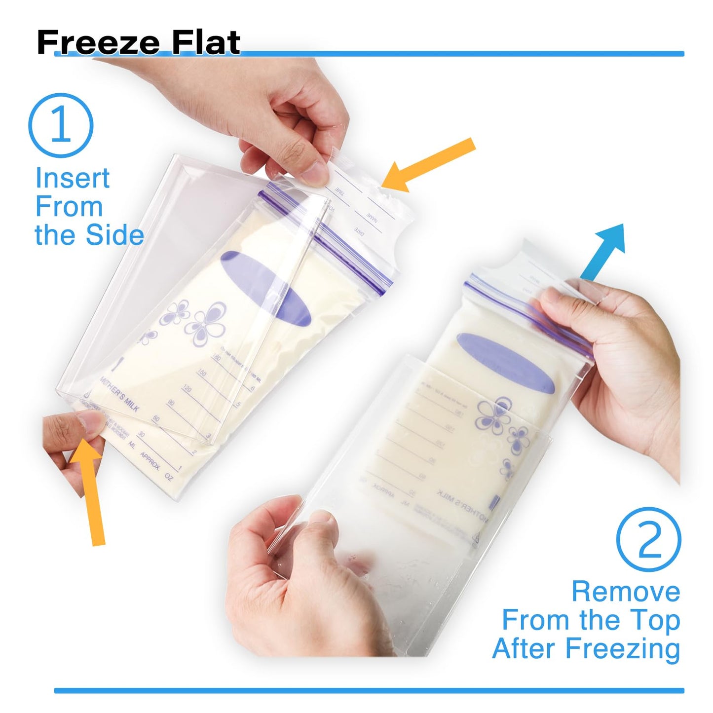 Breastmilk Storage Container with 4 Freezer Flattener Kit to Flatten Standing Breast Milk Bags in