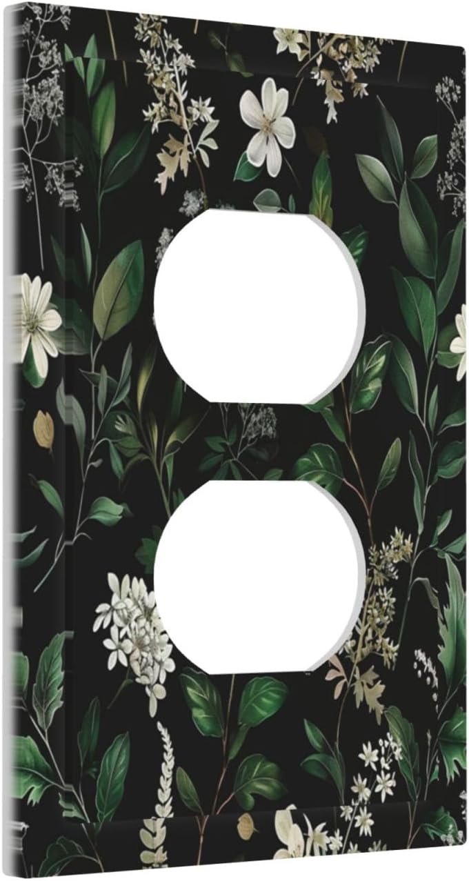 Decorative Outlet Covers Rustic Green Leaves White Flower 1 Gang Duplex Light Switch Cover Plate Wall Plates for Electrical Outlets Switchplate Faceplate for Country Bedroom Home Decor