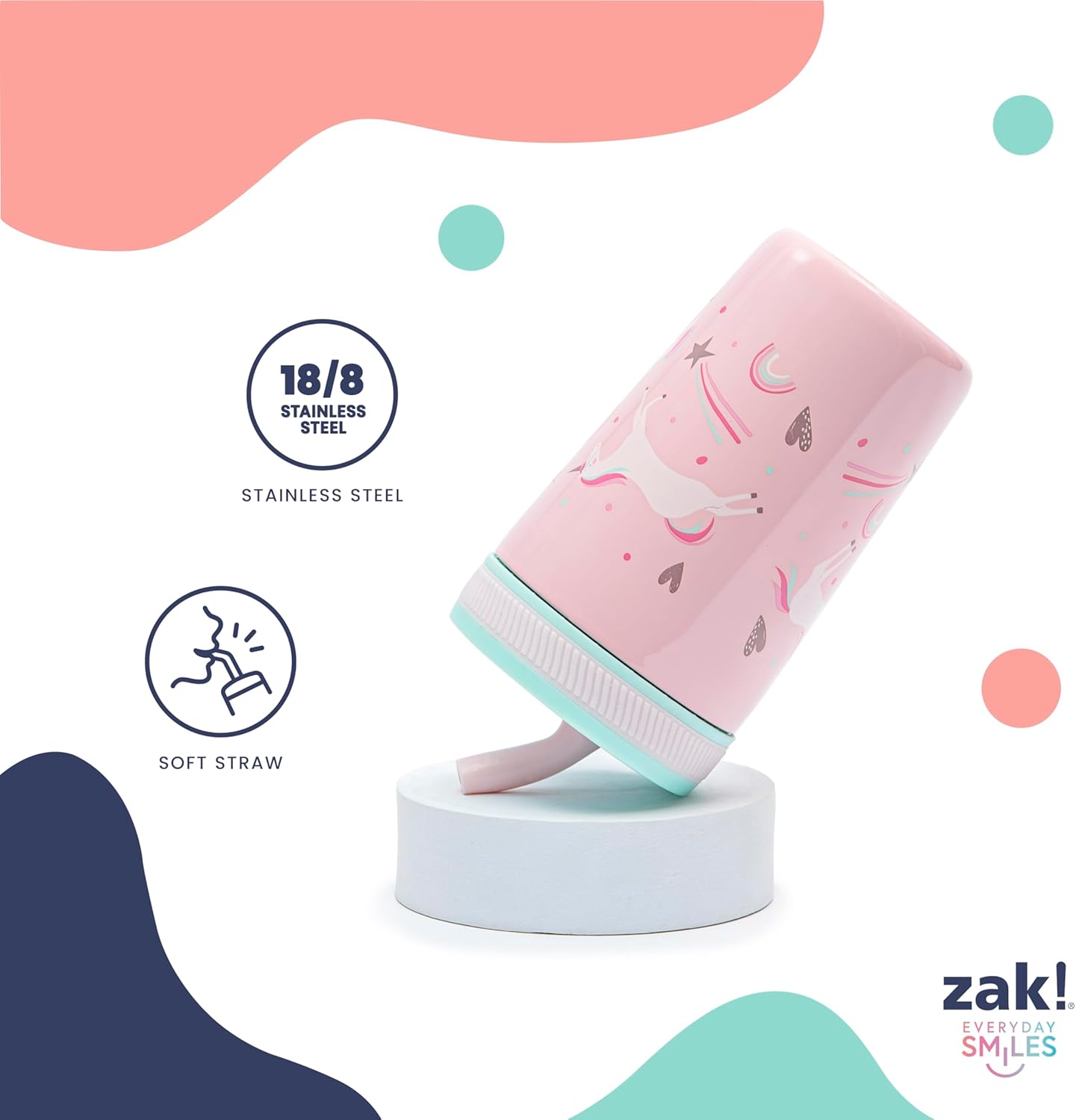 Zak Designs Unicorn Kelso Tumbler Set, Leak-Proof Screw-On Lid with Straw, Bundle for Kids Includes