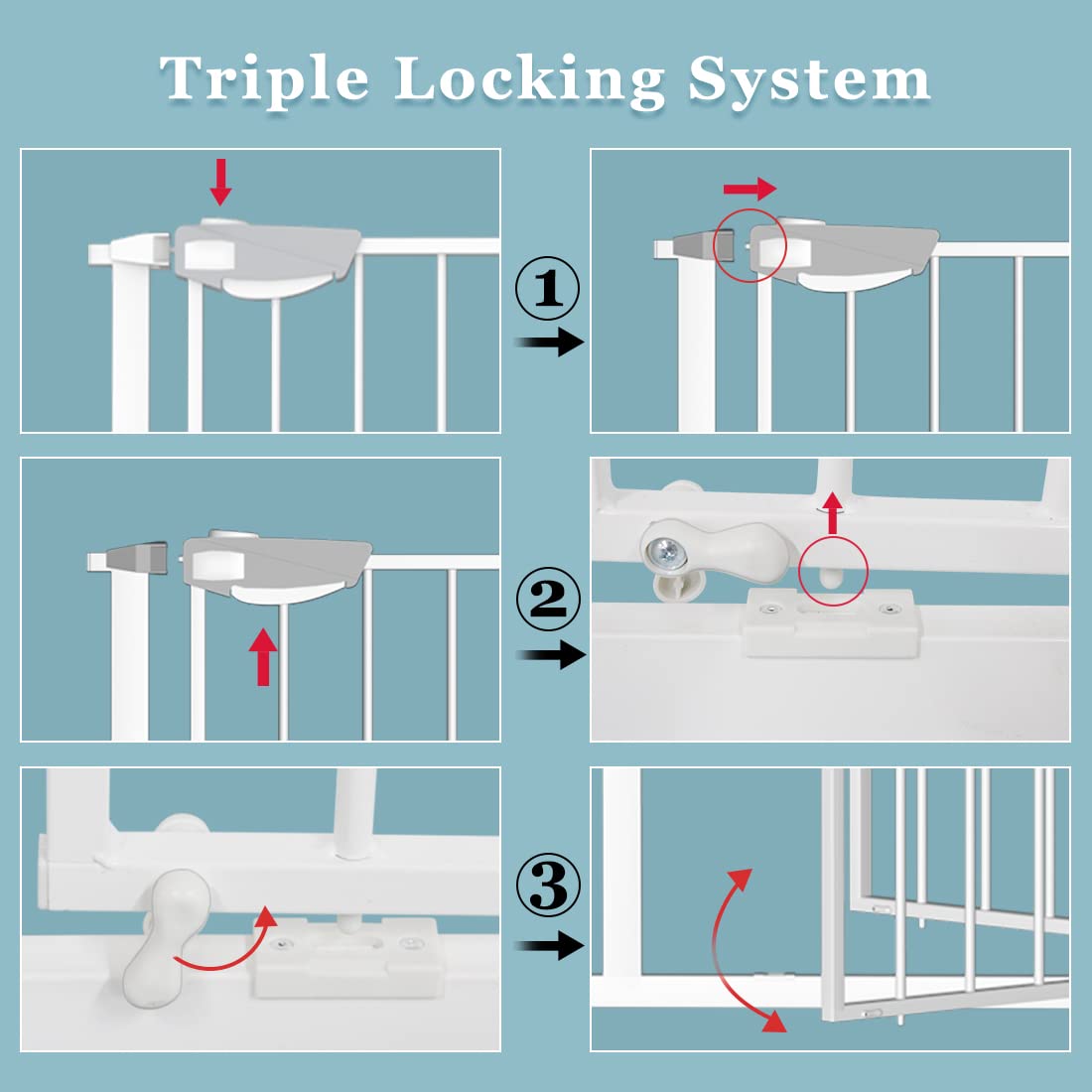 WAOWAO Triple Lock Baby Gate Extra Wide 49.21-53.14" Pressure Mounted Walk Through Swing Auto Close Safety White Metal Dog Pet Puppy for Stairs,Doorways,Kitchen