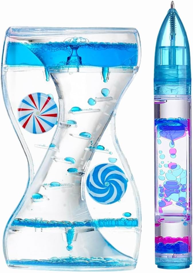 Liquid Motion Bubbler Pens Duple Wheel Colorful Timer Fidget Pens for Kids Sensory Toys Liquid Motion Bubbler Pen for Stress Relief and Anxiety Desk Toys Bubbler Timer Gifts for Kids 2 Pack Blue