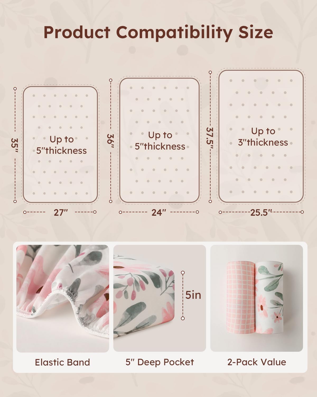 Yoofoss Pack and Play Sheets Girl 2 Pack, 38x26 Mini Crib Sheets Fitted for Baby Compatible with