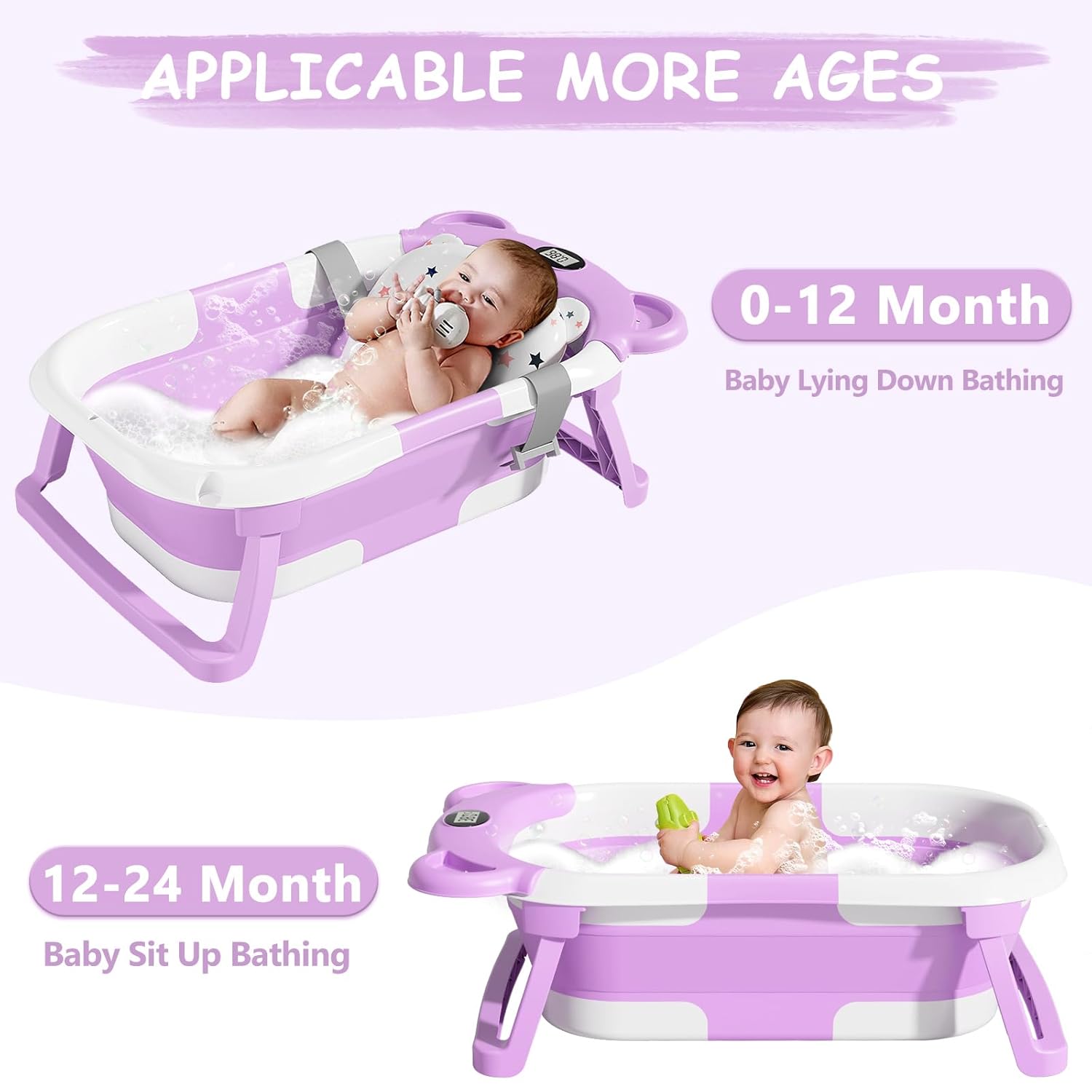 MoreFeel Collapsible Baby Bathtub for Newborn with Thermometer & 1 Hooded Towel & 1 Soft Floating
