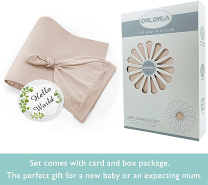 OWLOWLA Swaddle Blanket and Hat Set Newborn Swaddle Wrap Baby Receiving Blanket for Baby Boys Girls(Sand)