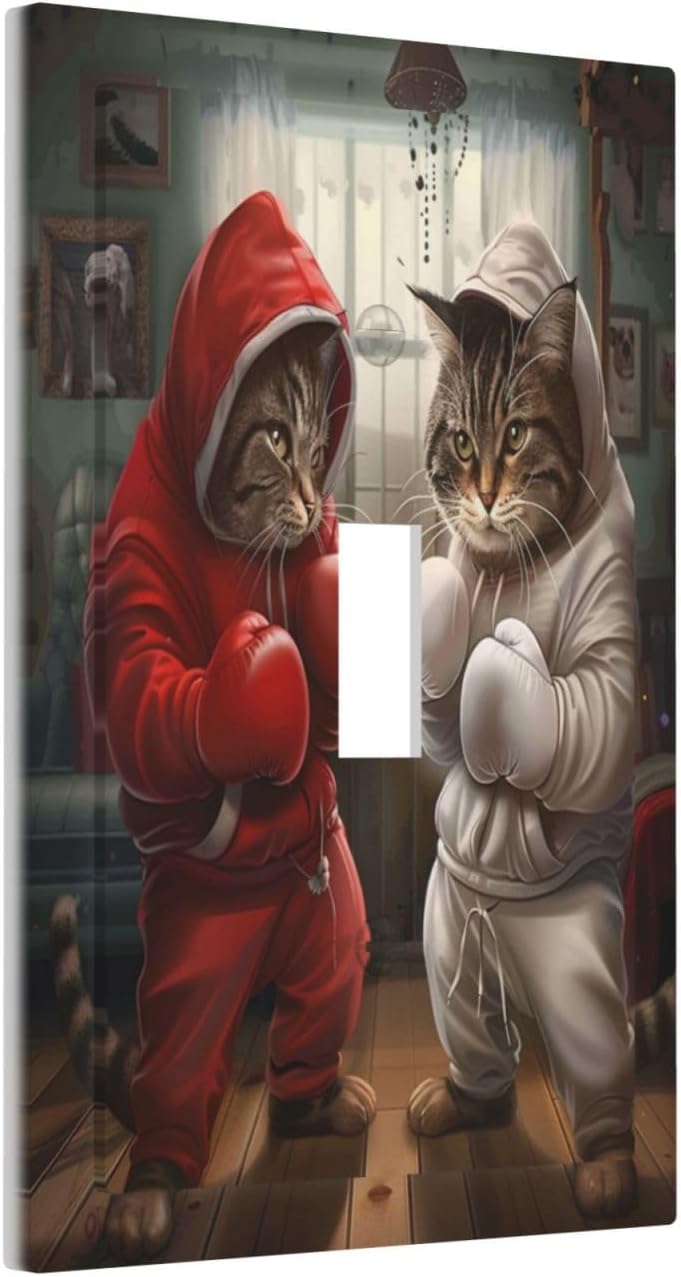 Decorative Switch Covers Plate Funny Red Boxing Cats White Tomcat 1 Gang Wall Plate Unique Single Toggle Wall Cover Plate Jumbo Electrical Light Switch Plate Faceplate for Bedroom Decor